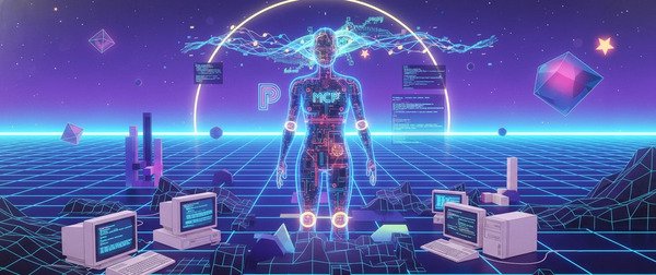 Futuristic illustration of a digital QA agent surrounded by vintage computers running automated tests.